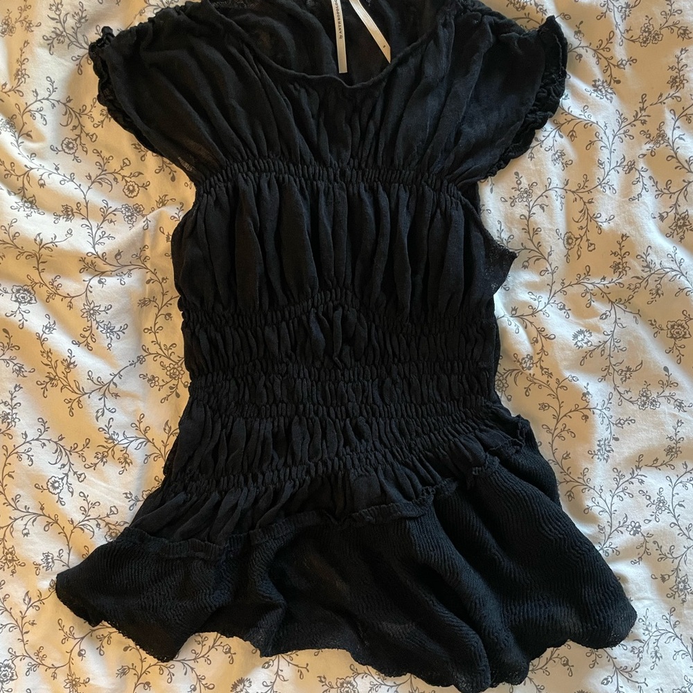 Anthropologie Black Short-Sleeve Smocked Peplum Top - Picture 2 of 4